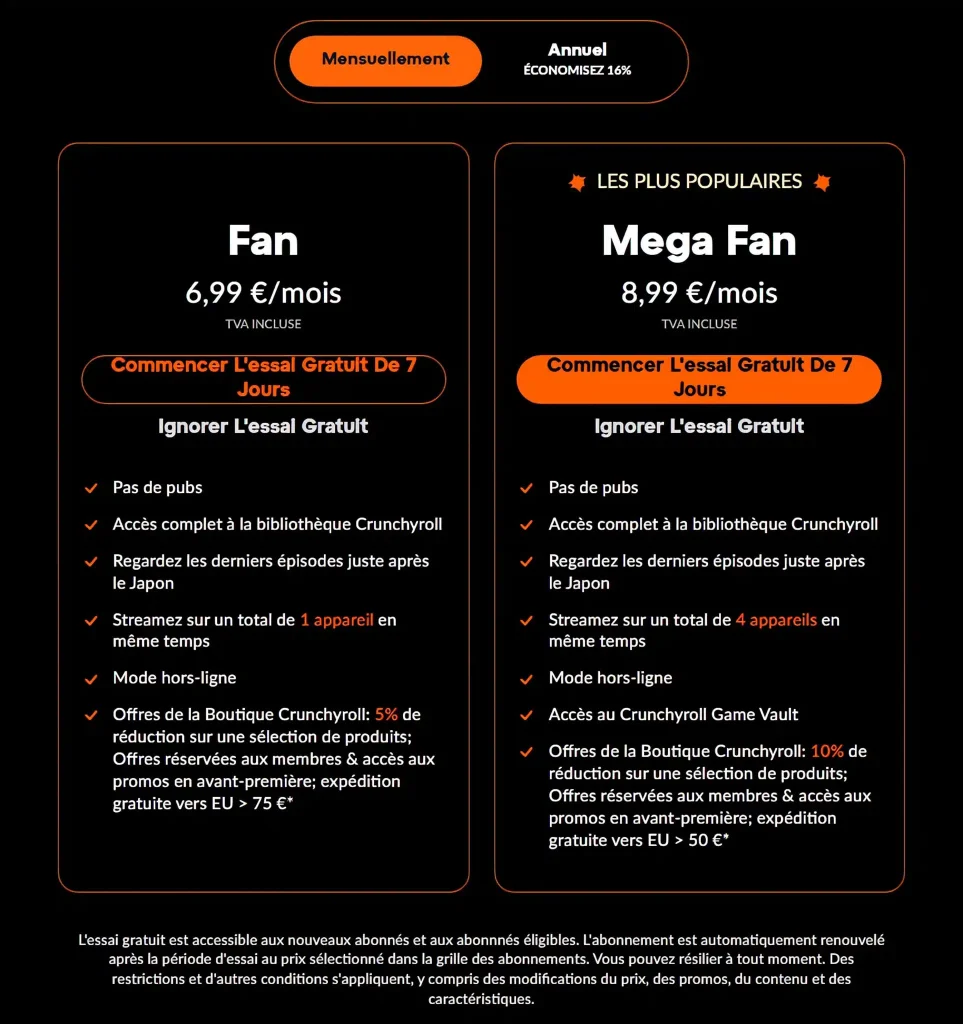 Nouveaux tarifs de Crunchyroll